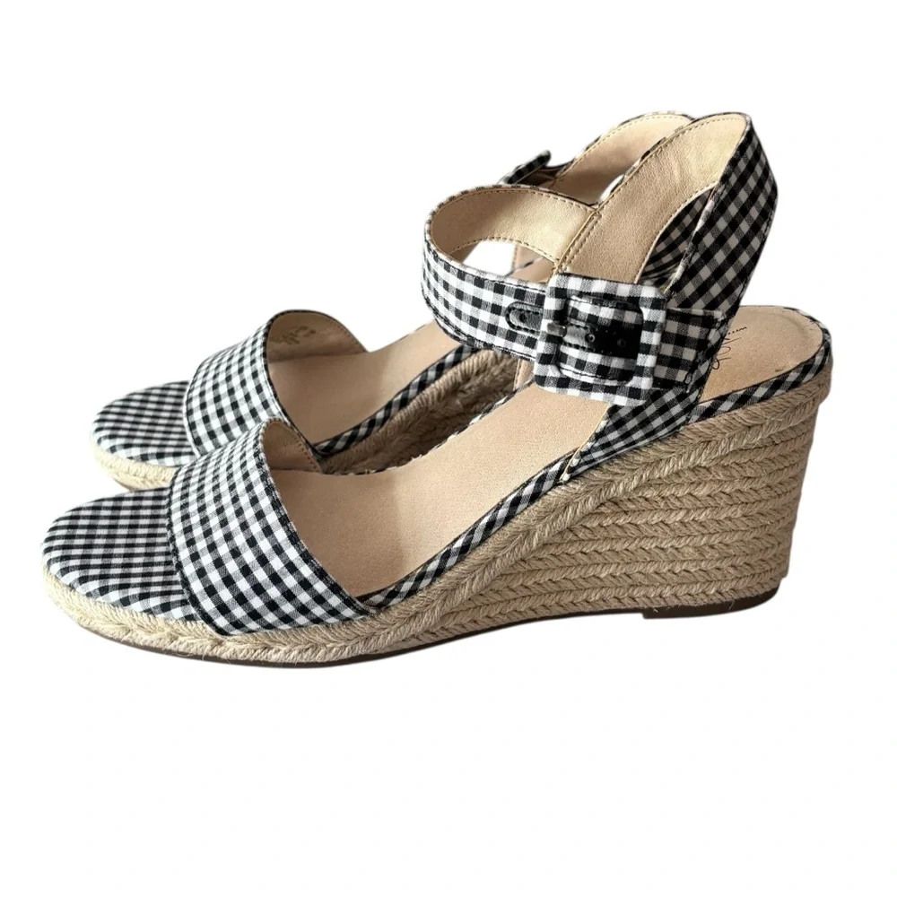 LIFESTRIDE - TANGO - SZ 10 CRISP BLACK & WHITE CHECK ESPADRILLE WEDGE SANDAL‎ S5